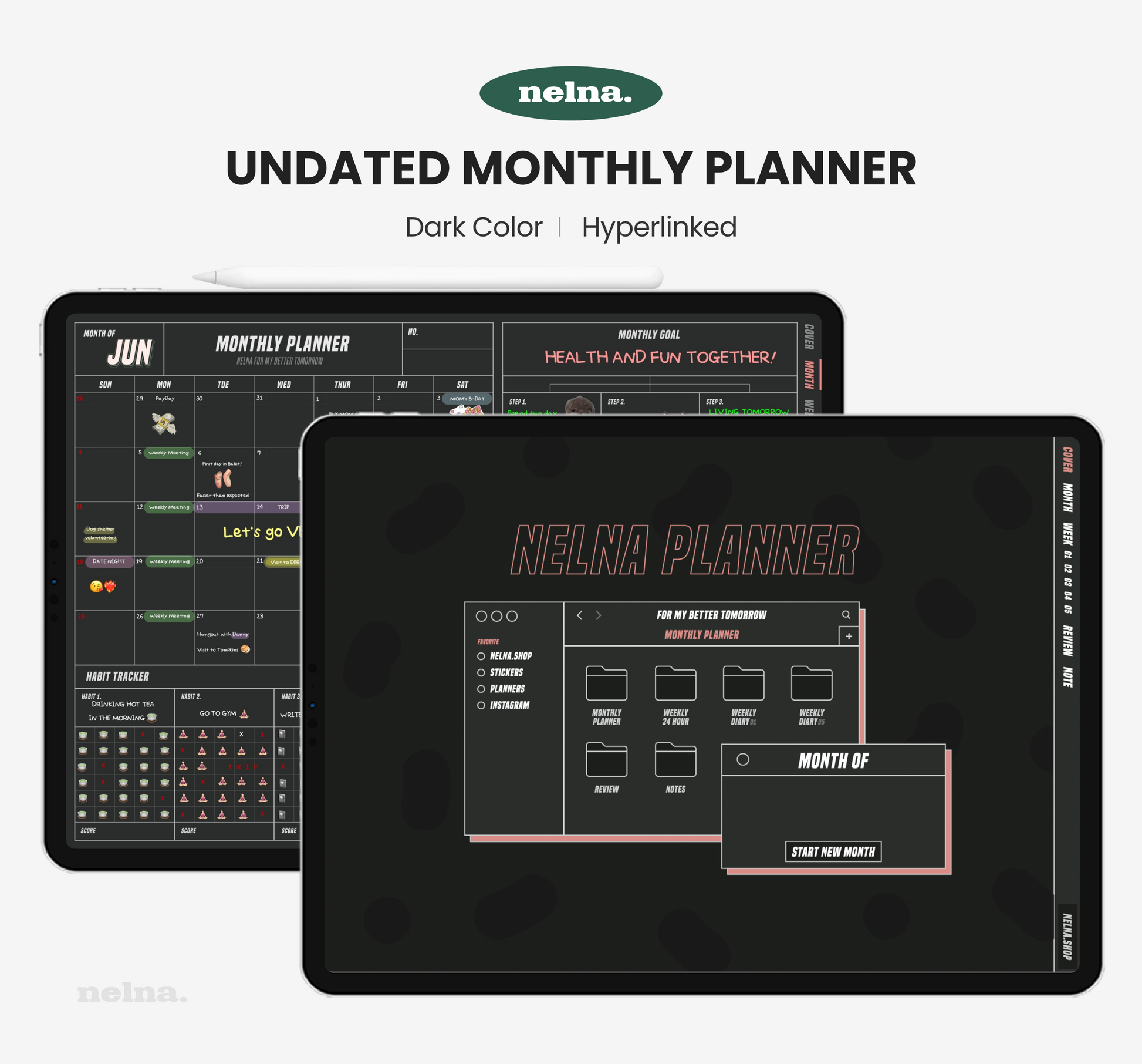 Nelna Digital Un-dated Monthly Planner for iPad Dark ver