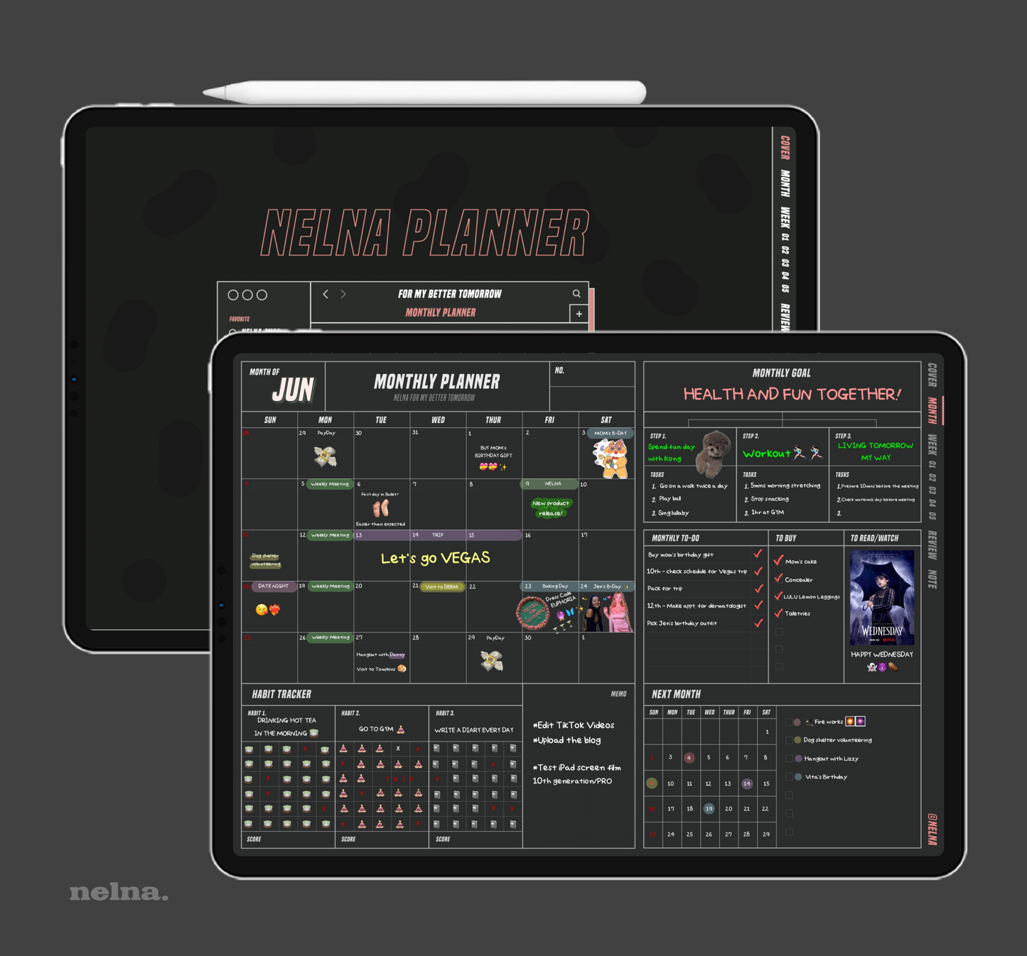 Nelna Digital Un-dated Monthly Planner for iPad Dark ver