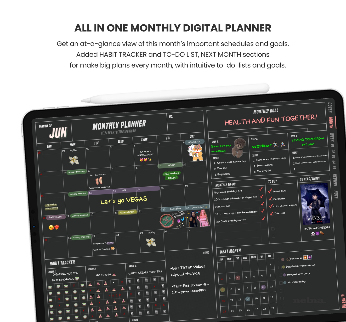 Nelna Digital Un-dated Monthly Planner for iPad Dark ver