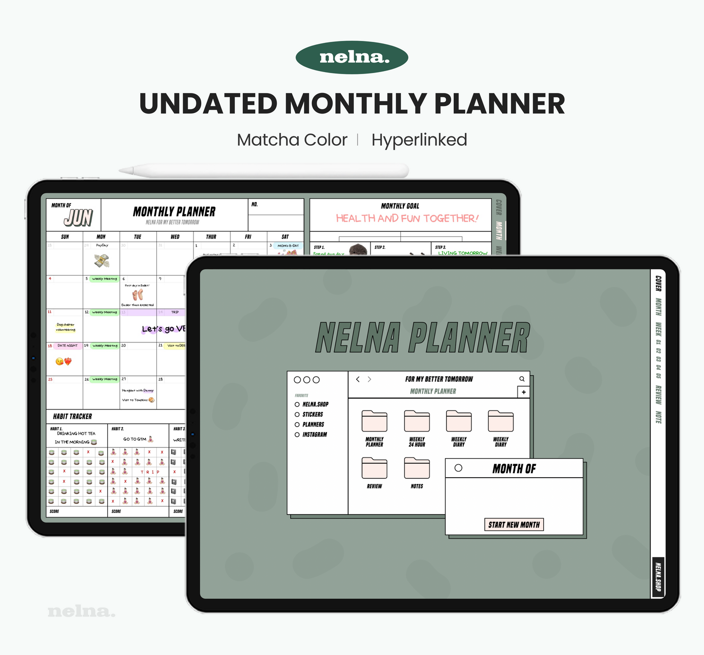 Nelna Digital Undated Monthly Planner for iPad Matcha Latte ver