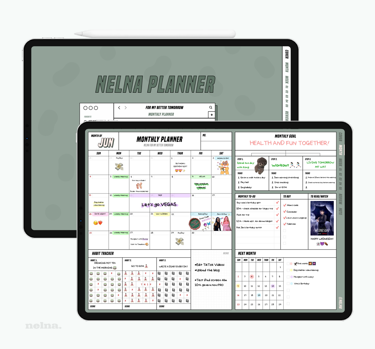 Nelna Digital Undated Monthly Planner for iPad Matcha Latte ver