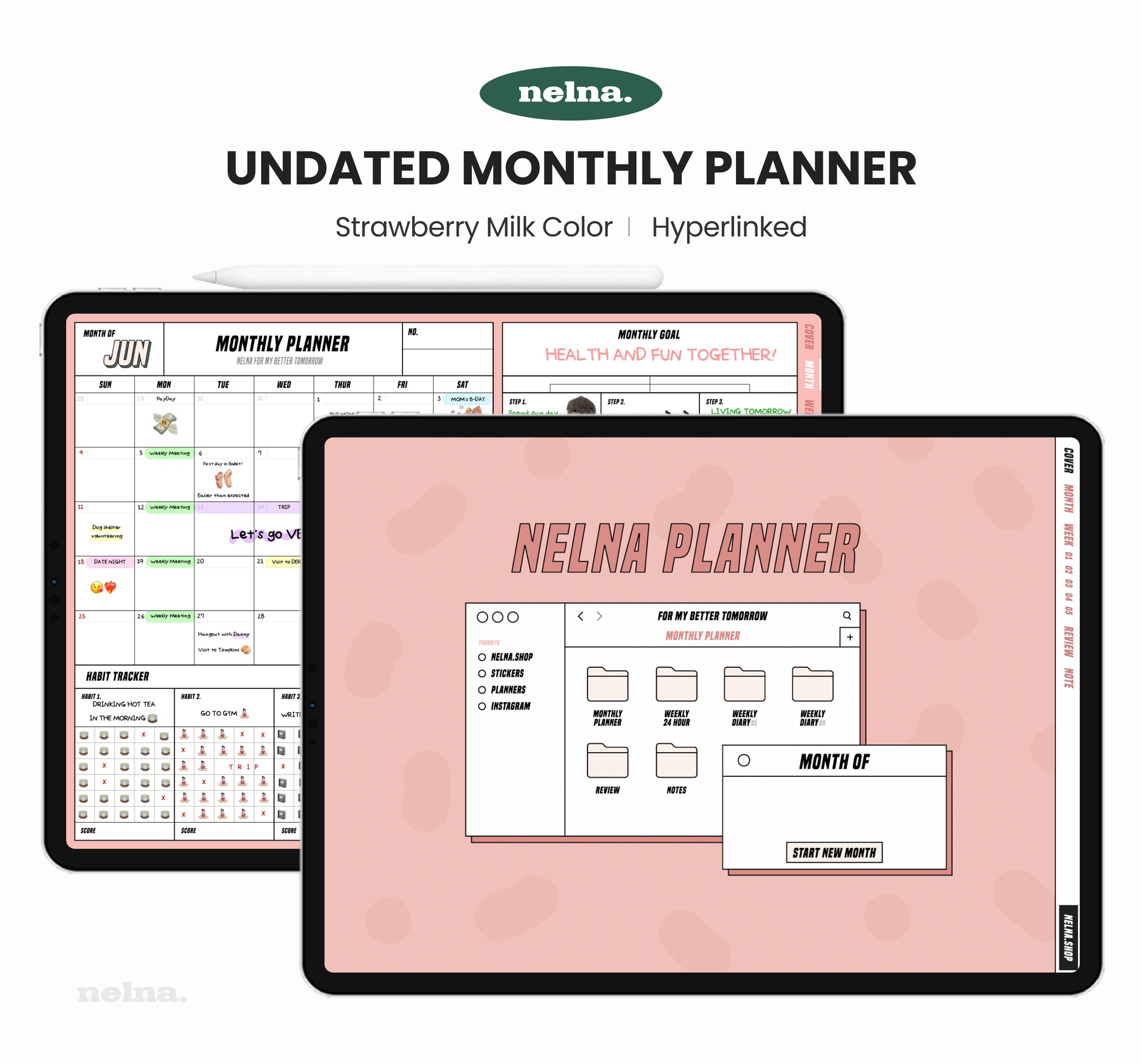 Nelna Digital Undated Monthly Planner for iPad Strawberry Milk ver